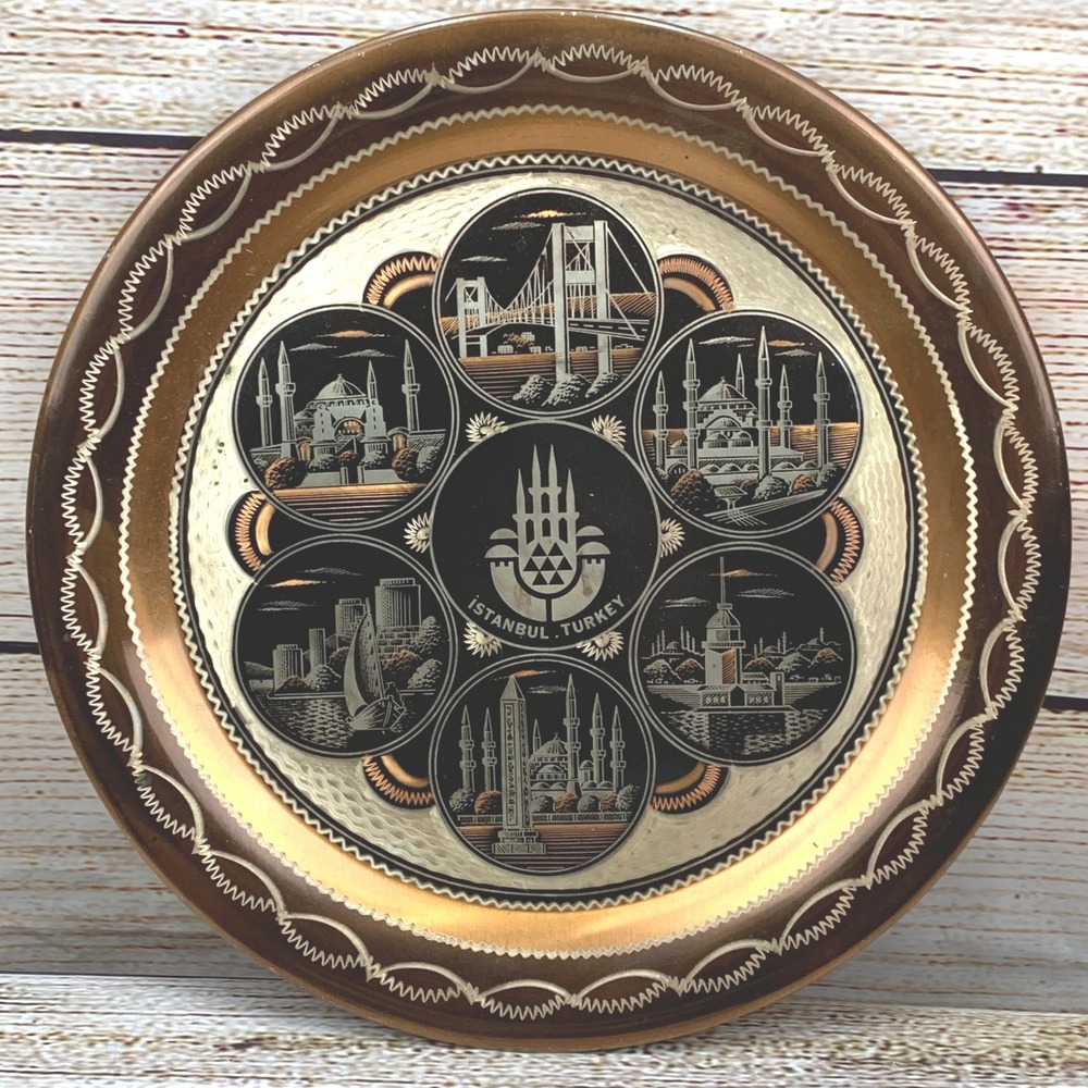 Vintage Istanbul Turkey 12.5" Copper Wall Plate Decor Landmarks Turkish Art